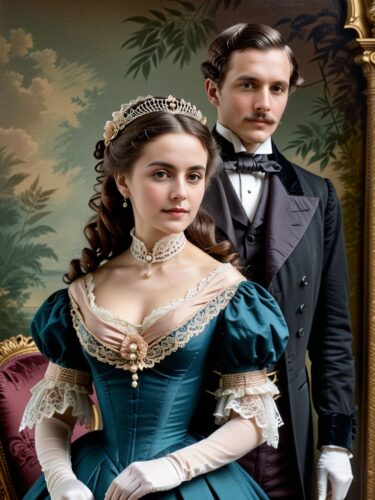Elegant Victorian-Era Couple in 19th-Century Attire