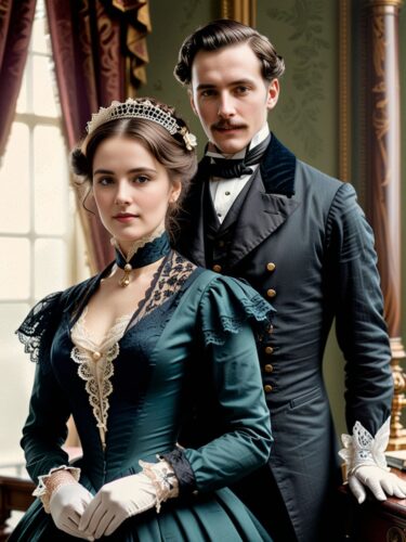 Elegant Victorian Couple in 19th-Century Attire