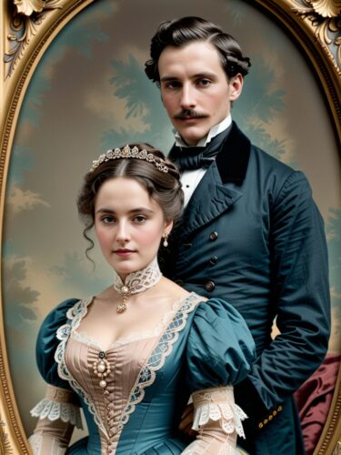 Elegant Victorian-Era Couple in 19th-Century Fashion