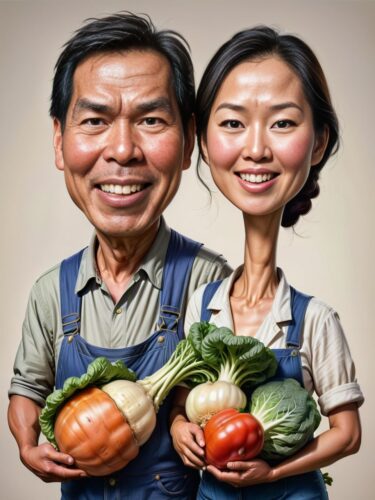 Cheerful Asian Farmer Couple with Oversized Vegetables