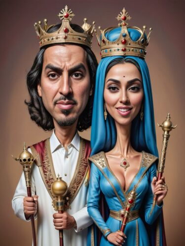 Middle Eastern King and Queen Caricature Couple Portrait