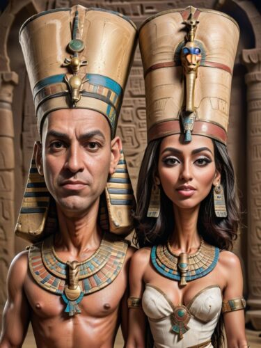 Ancient Egyptian Couple Caricature Portrait with Pharaoh Headdresses
