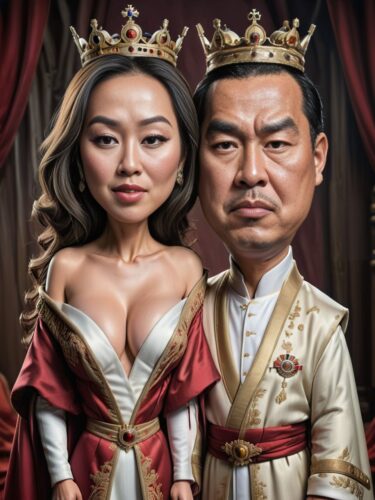 Asian King and Queen Caricature Couple Portrait