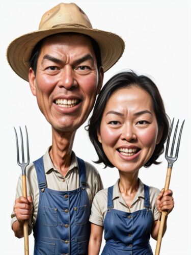 Whimsical East Asian Farmer Couple Caricature Portrait