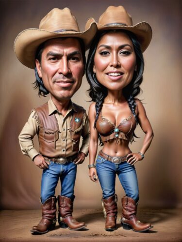 Western Cowboy Couple Caricature Portrait
