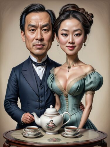 Vintage East Asian Couple Caricature Portrait with Oversized Tea Sets