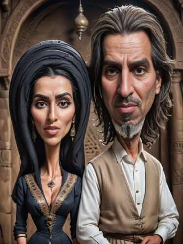 Vintage Middle Eastern Couple Caricature Portrait with Quills and Inkwells