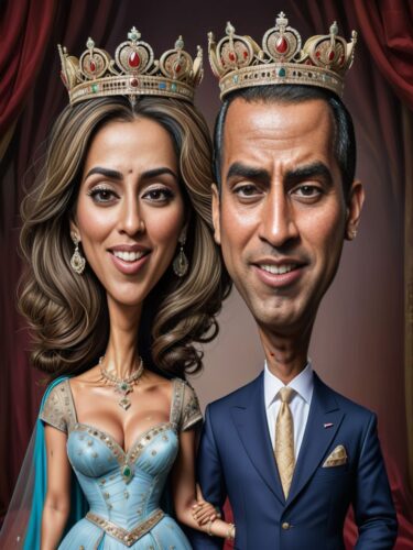 Exaggeratedly Large Tiara Royal Couple Caricature Portrait