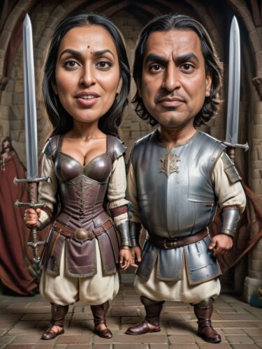 Medieval Couple Caricature Portrait with Comically Large Swords and Shields