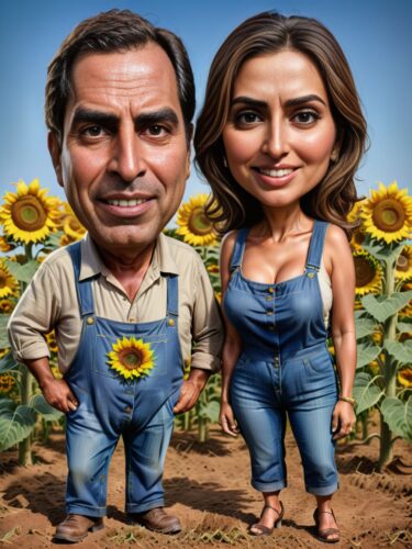 Middle Eastern Farmer Couple Caricature with Giant Sunflowers