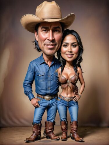 Western Cowboy Couple Caricature Portrait