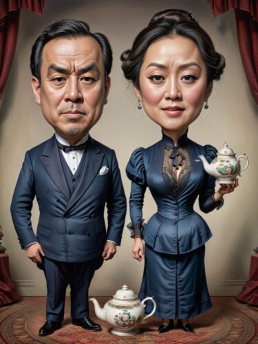 Vintage Caricature Portrait of East Asian Couple with Oversized Tea Sets
