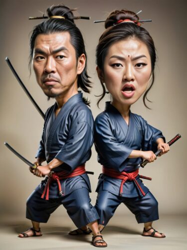 Creative Caricature Portrait of Japanese Samurai Couple in Humorous Duel