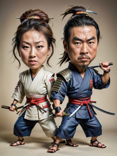 Creative Caricature Portrait of Japanese Samurai Couple in Humorous Duel