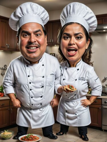 Playful Mexican Chef Couple Caricature Portrait
