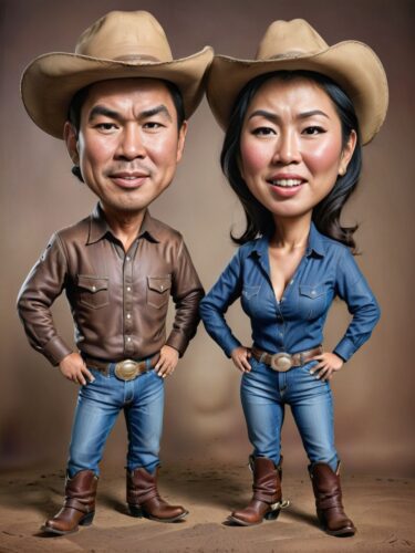 Whimsical Western Cowboy Couple Caricature Portrait
