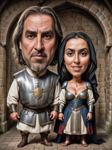 Medieval Middle Eastern Couple Caricature with Large Shields