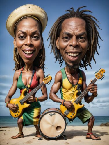 Funny Jamaican Couple Caricature in Reggae Outfits Playing Oversized Musical Instruments