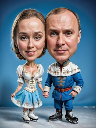 Russian Couple Ice Skating Caricature Portrait