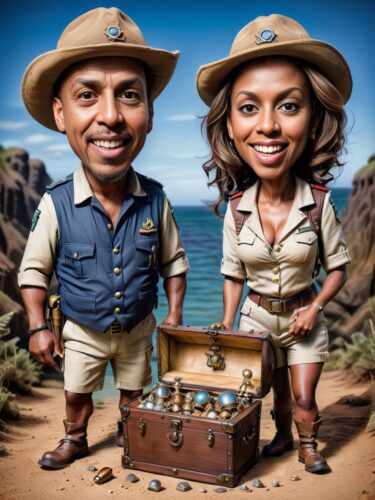 Explorers Finding Treasure Chest – Creative Caricature Couple Portrait