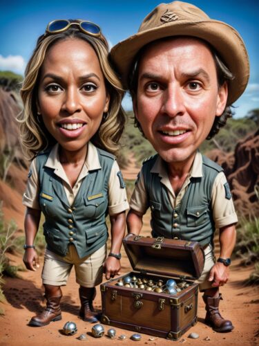 Explorers Finding Treasure Chest – Creative Caricature Couple Portrait