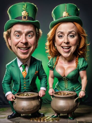 Funny Caricature Portrait of Irish Couple in Leprechaun Outfits