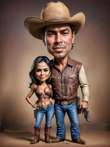 Western Cowboy Couple Caricature Portrait