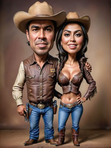 Western Cowboy Couple Caricature Portrait