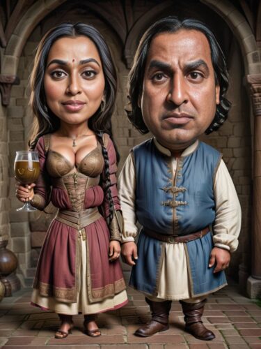 Medieval Couple Caricature Portrait with Comically Large Goblets