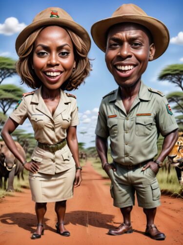 Funny Safari Guide Caricature Couple Portrait