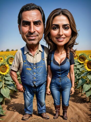 Middle Eastern Farmer Couple Caricature with Sunflowers