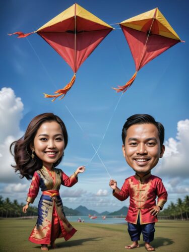 Malaysian Couple Flying Giant Kite in Traditional Dress