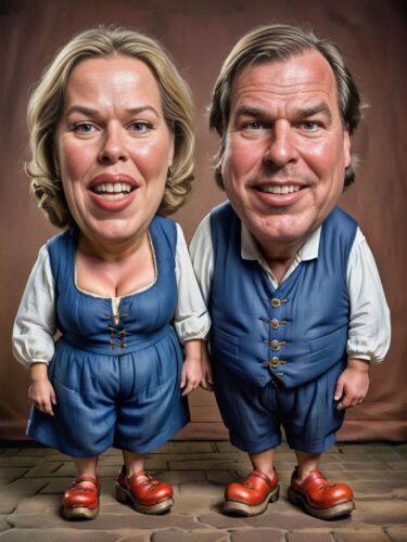 Funny Dutch Couple Caricature Portrait with Oversized Clogs