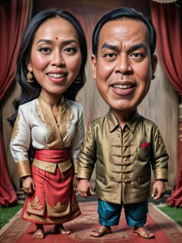 Indonesian Couple in Traditional Clothing Playing with Giant Puppet