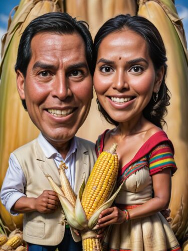 Peruvian Couple in Traditional Attire Sharing Corn