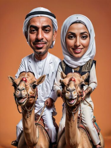 Arab Couple Riding Camels in Traditional Attire