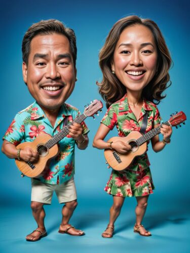 Hawaiian Couple Caricature Portrait Playing Ukuleles