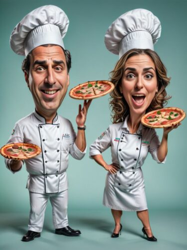 Italian Chef Couple Tossing Pizzas – Caricature Portrait