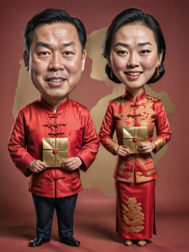 Chinese Couple Caricature Portrait in Traditional Attire