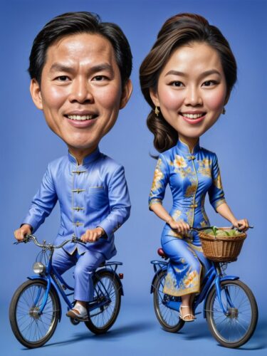 Vietnamese Couple in Ao Dai Riding Bicycles