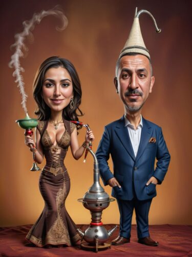 Turkish Couple Caricature Portrait with Hookah