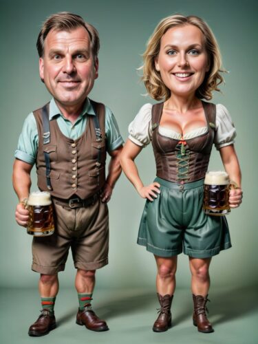 German Couple in Lederhosen and Dirndl with Beer Mugs