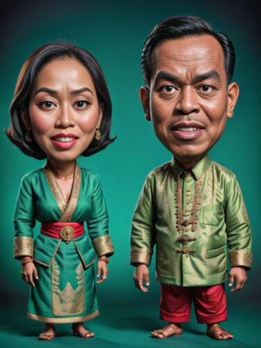 Indonesian Couple in Traditional Clothing with Giant Puppets
