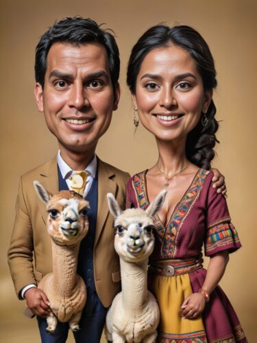 Peruvian Couple Caricature Portrait with Alpacas