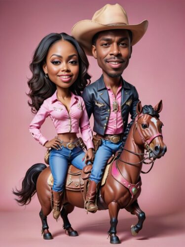 Whimsical Black Cowboy and Cowgirl Caricature Portrait