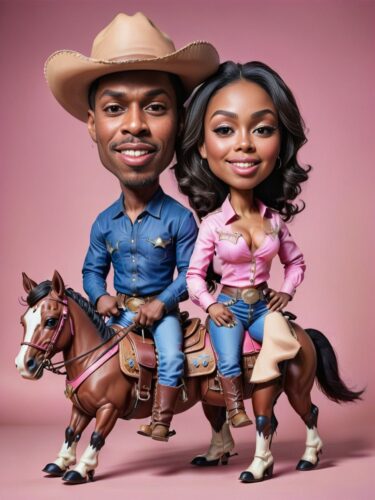 Whimsical Black Cowboy and Cowgirl Caricature Portrait