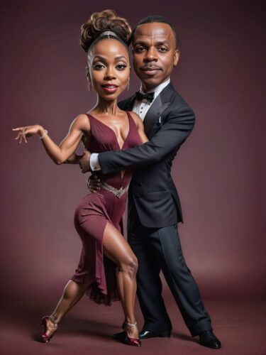 Elegant Black Couple in Dramatic Ballroom Dance Pose