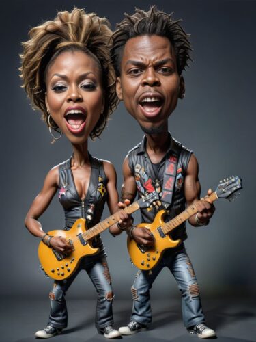 Dynamic Rockstar Black Couple Caricature Portrait