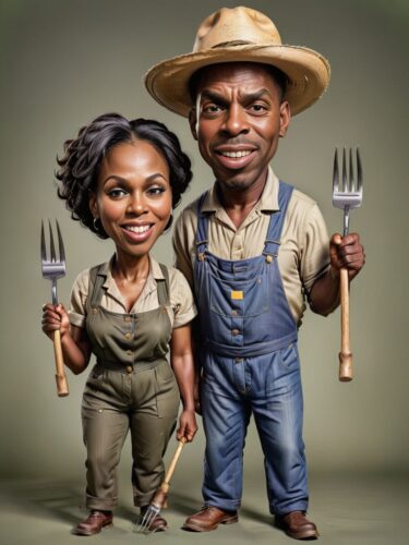 Black Couple Caricature Portrait in Farmer Outfits