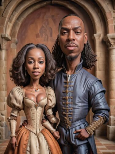 Renaissance Black Couple Caricature in Castle